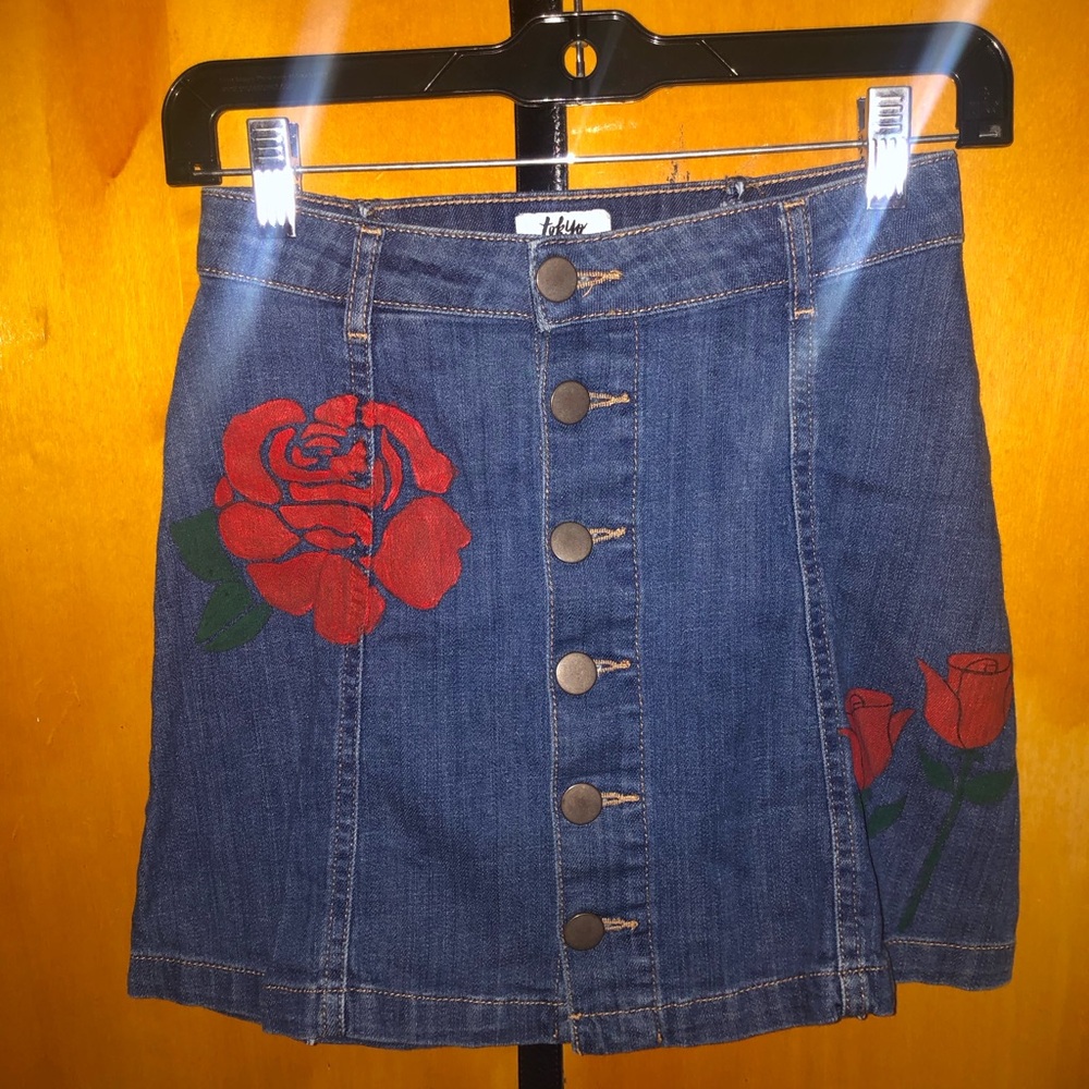 Denim Skirt with Red Rose print